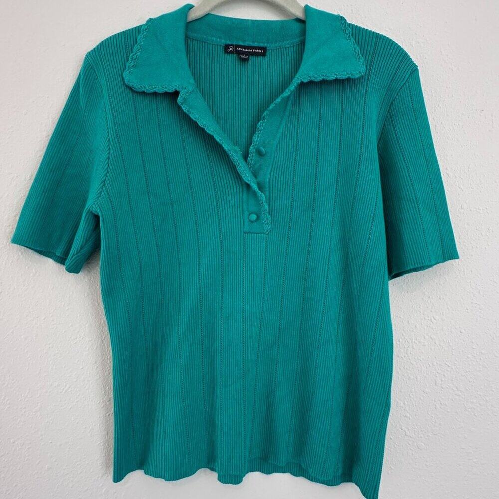 Adrianna Papell Rib Cable Short Sleeve Collared Polo Sweater Top, Green, Large